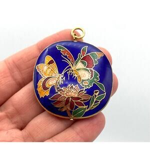 Vintage Cloisonne Pendant Cobalt Blue Enamel Butterflies Lotus Flower Gold Tone